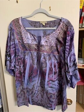 Embroidered Purple Printed Women's Blouse with Tie Neck